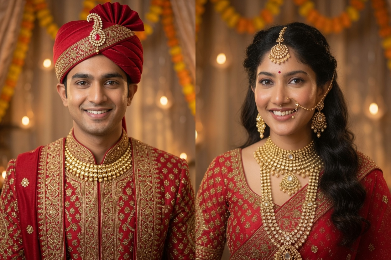 A newly matched Raika couple in traditional attire